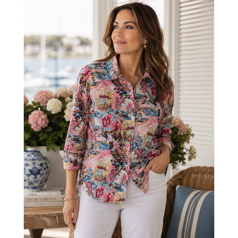 Talbots Womens Petite S Shirt NWOT Scenic Coastal‎ Print Cotton Button Down Pink